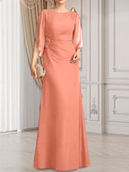 Vestido de gasa para madre de la novia con corte tubo/columna, escote redondo y largo hasta el suelo, con cuentas plisadas