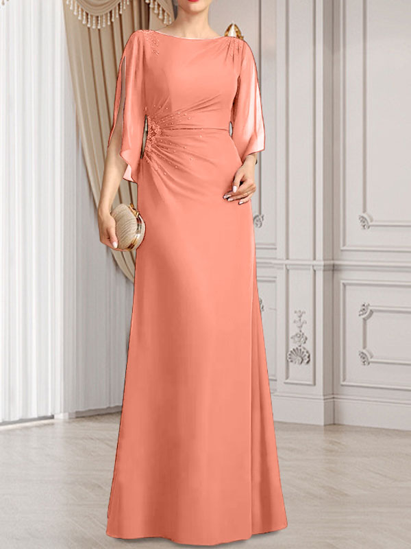 Vestido de gasa para madre de la novia con corte tubo/columna, escote redondo y largo hasta el suelo, con cuentas plisadas