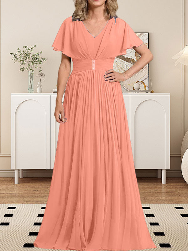 Vestido de gasa para madre de la novia, corte A, escote en V, largo hasta el suelo, con broche de cristal y plisado