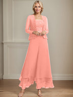 Vestido de madre de la novia de gasa con encaje y lentejuelas, largo hasta los tobillos, con mono/pantalón separado