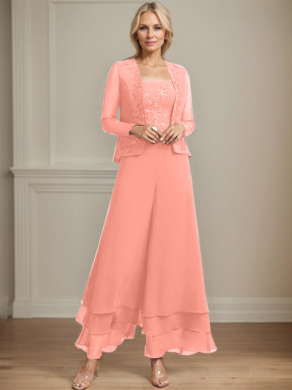 Separates Jumpsuit/Hosenanzug Quadratisches Knöchellanges Spitzenchiffonkleid für die Brautmutter mit Pailletten 