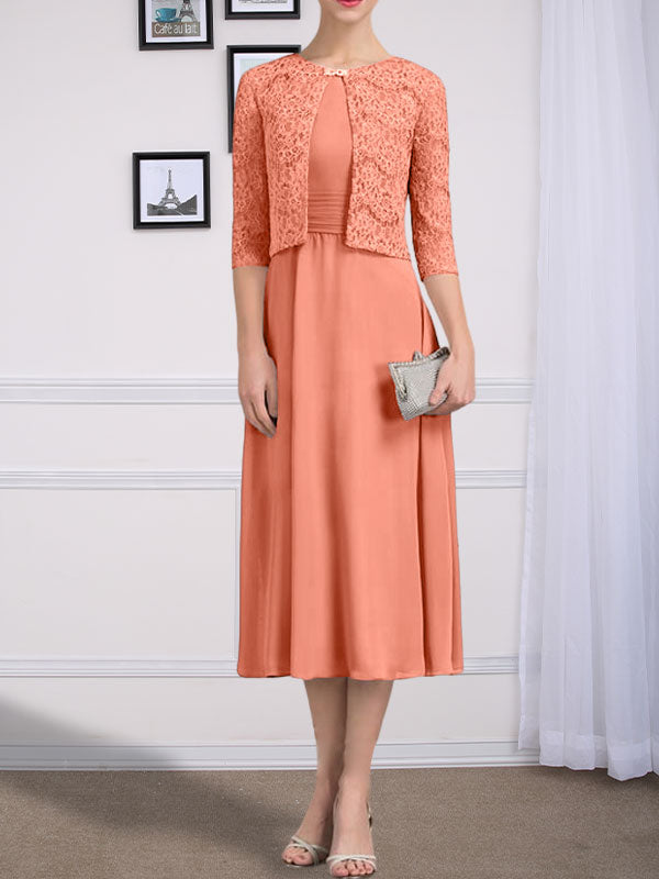 Vestido de gasa para madre de la novia con corte en A, escote redondo y largo hasta la rodilla con pliegues