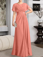 Vestido de gasa para madre de la novia con corte en A, escote redondo y largo hasta el suelo, con cuentas plisadas