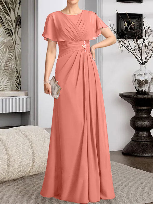 Vestido de gasa para madre de la novia con corte en A, escote redondo y largo hasta el suelo, con cuentas plisadas