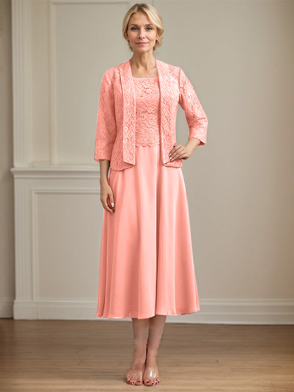 Vestido de gasa con encaje y escote redondo hasta la rodilla para madre de la novia