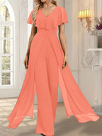 Vestido de noche de gasa con escote en V y largo hasta el suelo, tipo mono/pantalón