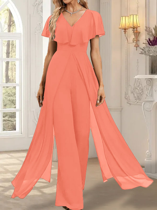 Vestido de noche de gasa con escote en V y largo hasta el suelo, tipo mono/pantalón