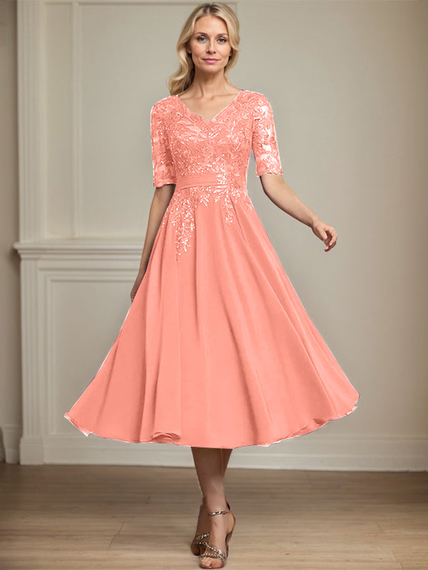 Vestido de gasa con encaje y lentejuelas para madre de la novia, corte A, escote en V y largo hasta la rodilla