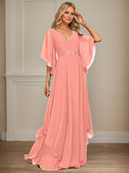 Vestido de gasa para madre de la novia, corte A, escote en V, largo hasta el suelo, con apliques de lentejuelas, encaje y abalorios