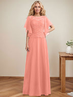 Vestido de gasa con encaje y lentejuelas para madre de la novia, corte A, escote ilusión, largo hasta el suelo
