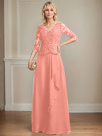 A-Linie V-Ausschnitt Bodenlanges Spitzen-Chiffon-Kleid für die Brautmutter mit kaskadierenden Rüschen und Pailletten 