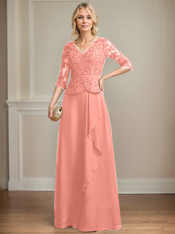 Vestido de madre de la novia de gasa con encaje, escote en V, largo hasta el suelo, con volantes en cascada y lentejuelas