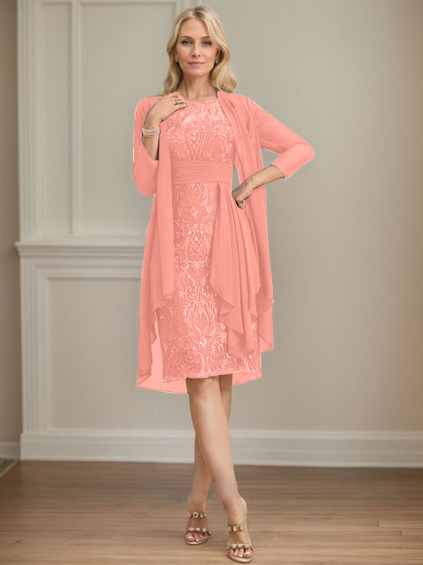 Vestido de madre de la novia de gasa con encaje, escote redondo, ilusión, largo hasta la rodilla, con volantes en cascada y lentejuelas