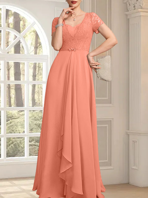 Vestido de madre de la novia de gasa con encaje, corte en A, escote corazón, largo hasta el suelo, con volantes en cascada y cuentas