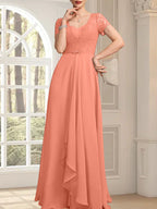 Vestido de madre de la novia de gasa con encaje, corte en A, escote corazón, largo hasta el suelo, con volantes en cascada y cuentas