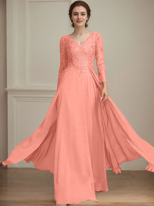 Vestido de madre de la novia de gasa con encaje, escote en V y lentejuelas, largo hasta el suelo