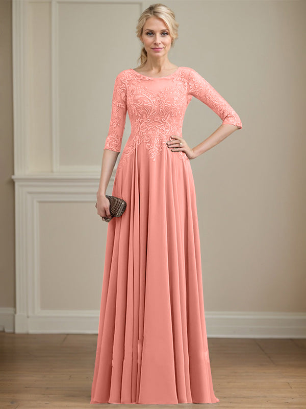 Vestido de gasa con encaje y lentejuelas para madre de la novia, corte A, escote ilusión, largo hasta el suelo