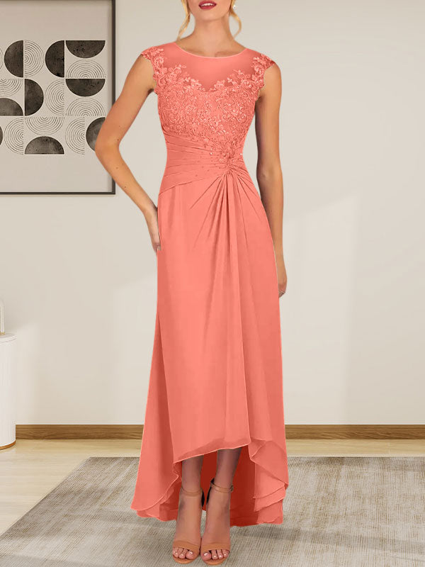Vestido de gasa con encaje y escote redondo en forma de A color champán
