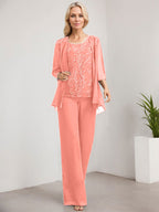 Vestido de madre de la novia de gasa con encaje, largo hasta el suelo, con lentejuelas y mono/pantalón separado