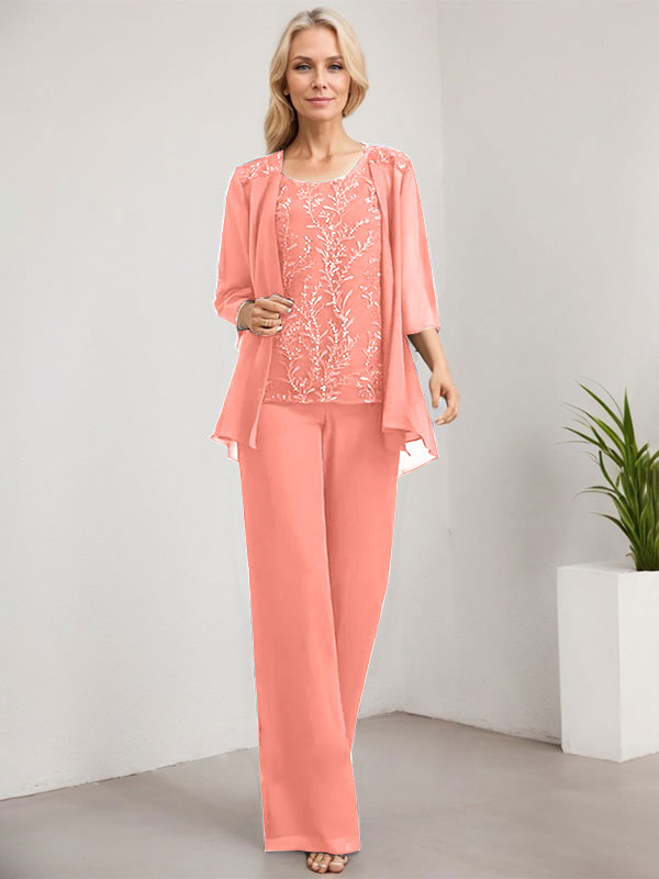 Vestido de madre de la novia de gasa con encaje, largo hasta el suelo, con lentejuelas y mono/pantalón separado