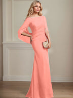 Vestido de madre de la novia de gasa con escote barco, corte trompeta/sirena, largo hasta el suelo, con pliegues