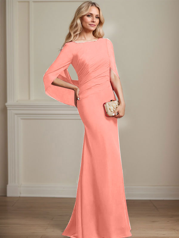 Vestido de madre de la novia de gasa con escote barco, corte trompeta/sirena, largo hasta el suelo, con pliegues