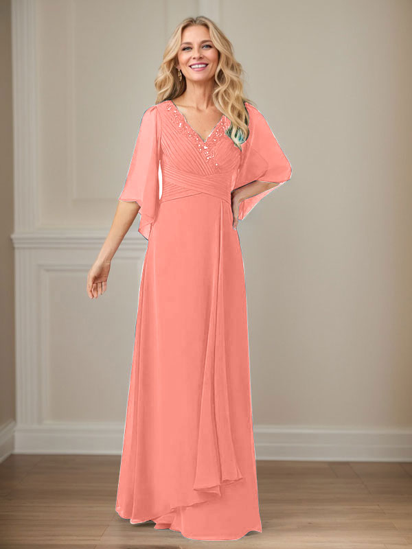 Vestido largo de gasa con lentejuelas y escote en V en forma de A para madre
