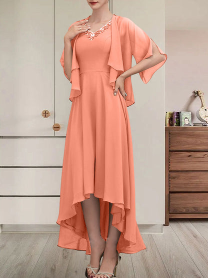 A-Linien-Kleid mit V-Ausschnitt, asymmetrischem Chiffon für die Brautmutter mit Perlen und Pailletten