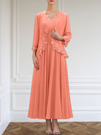 Vestido de gasa para madre de la novia, corte A, escote en V, largo hasta los tobillos, con apliques de lentejuelas, encaje y cuentas