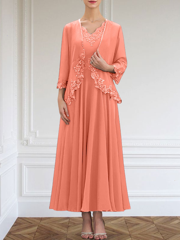 Vestido de gasa para madre de la novia, corte A, escote en V, largo hasta los tobillos, con apliques de lentejuelas, encaje y cuentas