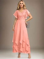 Vestido de gasa con encaje y escote en V hasta los tobillos para madre de la novia con volantes en cascada