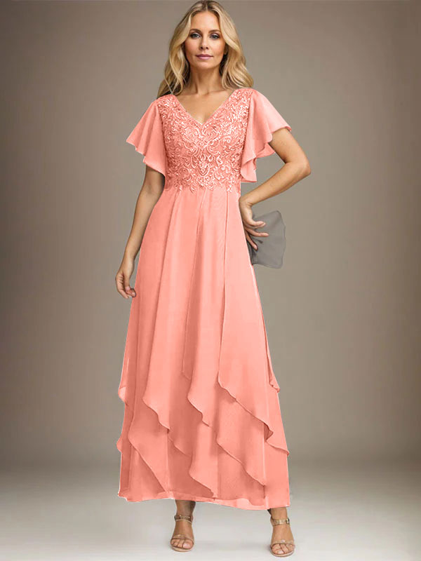 Vestido de gasa con encaje y escote en V hasta los tobillos para madre de la novia con volantes en cascada