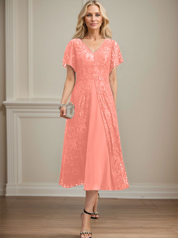 Vestido de gasa con encaje y escote en V para madre de la novia, largo hasta la rodilla
