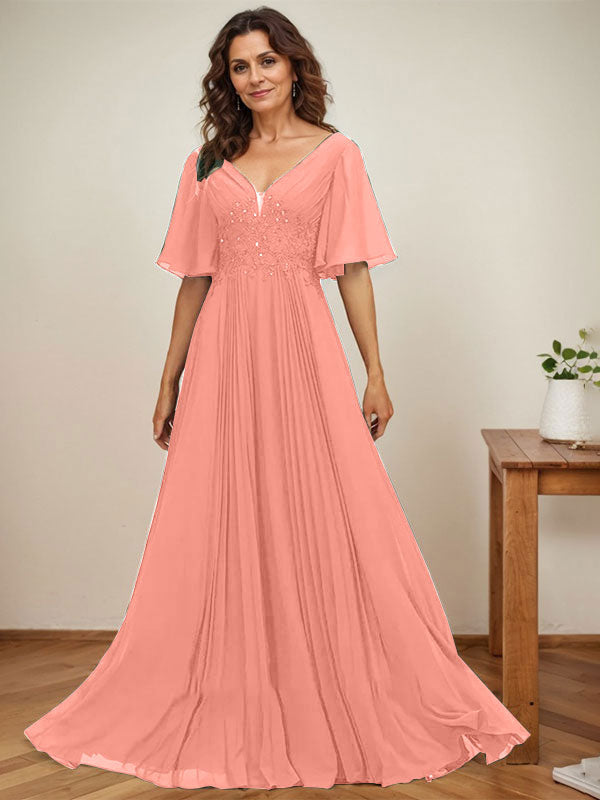 Vestido de gasa para madre de la novia, corte A, escote en V, largo hasta el suelo, con apliques de lentejuelas y encaje plisado