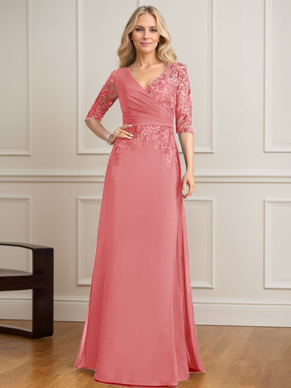 Vestido de madre de la novia de gasa con encaje, escote en V y lentejuelas plisadas hasta el suelo