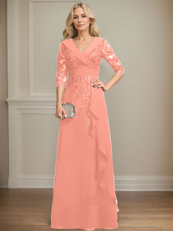 A-Linien-Kleid mit Kragen, V-Ausschnitt, bodenlanges Chiffon-Spitzenkleid für die Brautmutter mit Pailletten und kaskadierenden Rüschen 