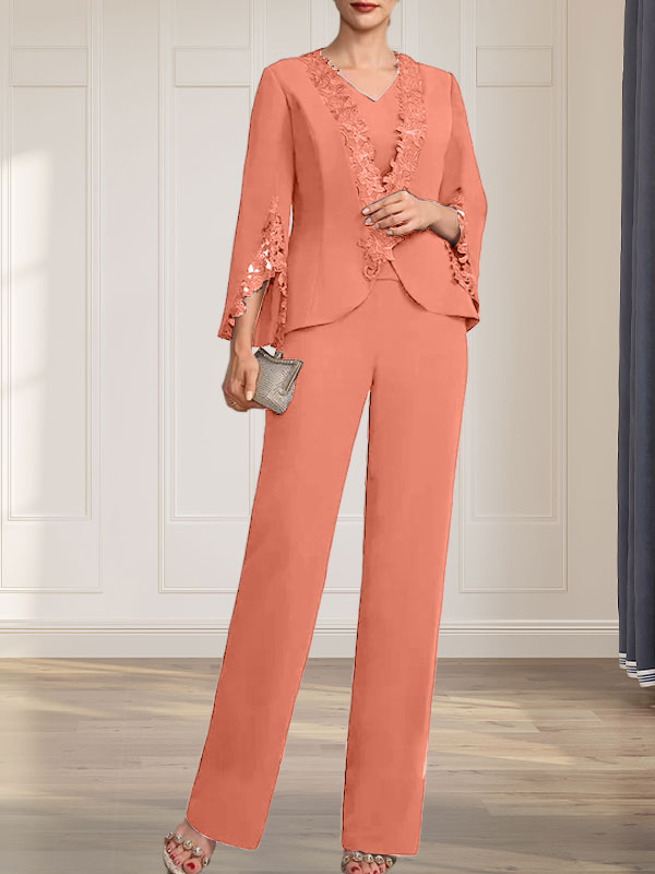 Vestido de gasa para madre de la novia, con escote en V y largo hasta el suelo, de mono/pantalón separado