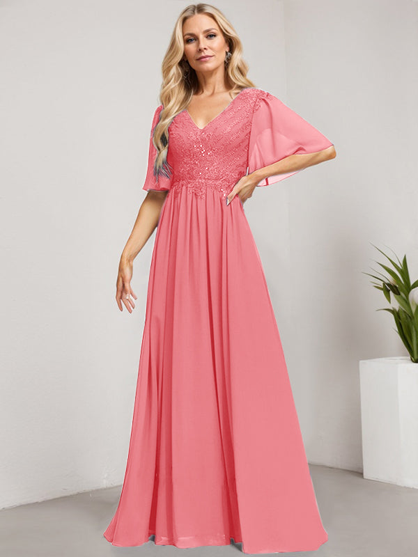 Vestido de madre de la novia de gasa con encaje, escote en V y lentejuelas, largo hasta el suelo
