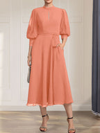 A-line High Neck Tea-Length Lace Chiffon Mother of the Bride Dress With Bow