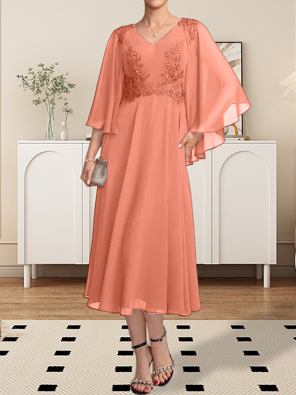 A-Linie V-Ausschnitt Wadenlanges Chiffon-Spitzenkleid für die Brautmutter mit Perlen und Pailletten