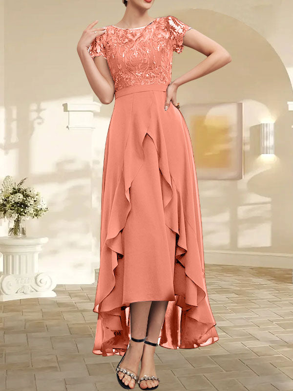Vestido de madre de la novia de gasa asimétrica con escote en A, ilusión, encaje, lazo, volante y lentejuelas