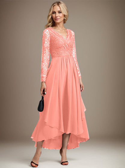 A-Linie V-Ausschnitt Asymmetrisches Chiffonkleid für die Brautmutter 