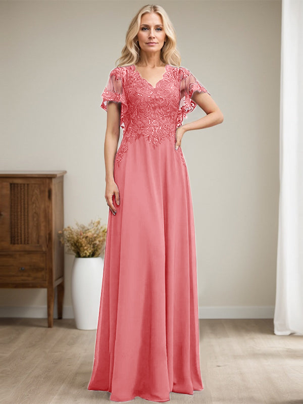 Vestido de madre de la novia de gasa con encaje, escote en V y lentejuelas, largo hasta el suelo