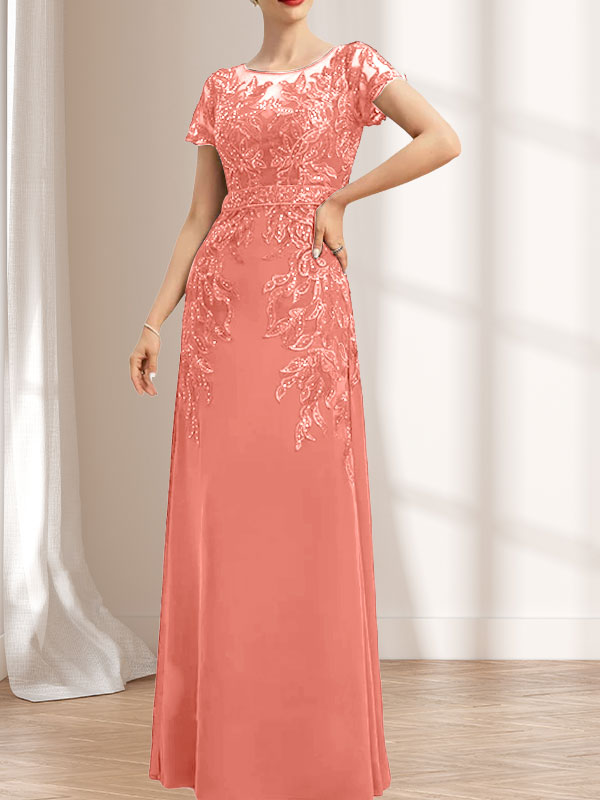 Vestido de madre de la novia de gasa con encaje, escote redondo, ilusión, largo hasta el suelo, con lentejuelas