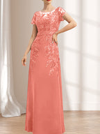 Vestido de madre de la novia de gasa con encaje, escote redondo, ilusión, largo hasta el suelo, con lentejuelas
