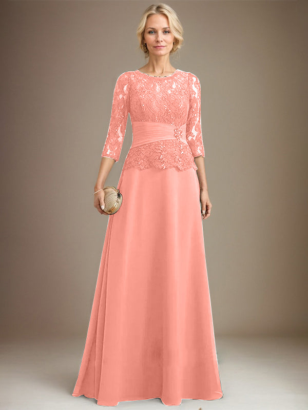 Vestido de gasa con encaje, corte A, ilusión, largo hasta el suelo, para madre de la novia, con lentejuelas plisadas y abalorios