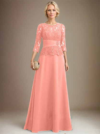 A-line Scoop Illusion Floor-Length Chiffon Lace Mother of the Bride Dress With Pleated Sequins Beading