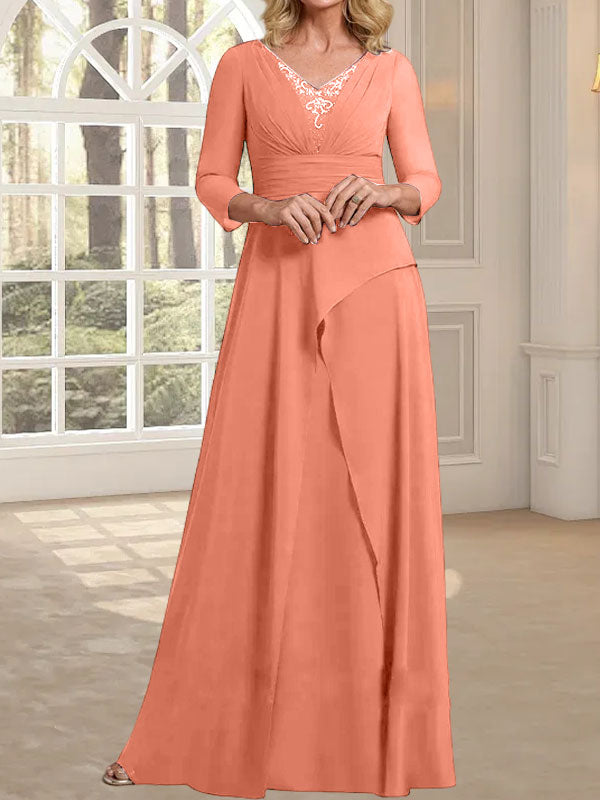 Vestido de gasa para madre de la novia con escote en V, largo hasta el suelo, con pliegues y cuentas