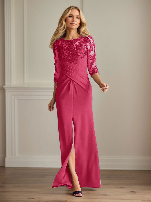 Vestido para madre de la novia de crepé elástico con encaje color ciruela