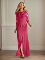 Vestido para madre de la novia de crepé elástico con encaje color ciruela